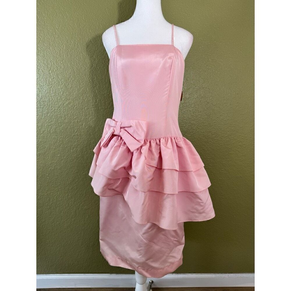 Vintage Women's 11 Square Neck Ruffle Peplum Bow Dress Pink Barbiecore New
